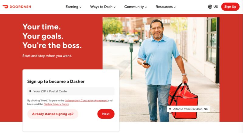 screenshot of doordash homepage